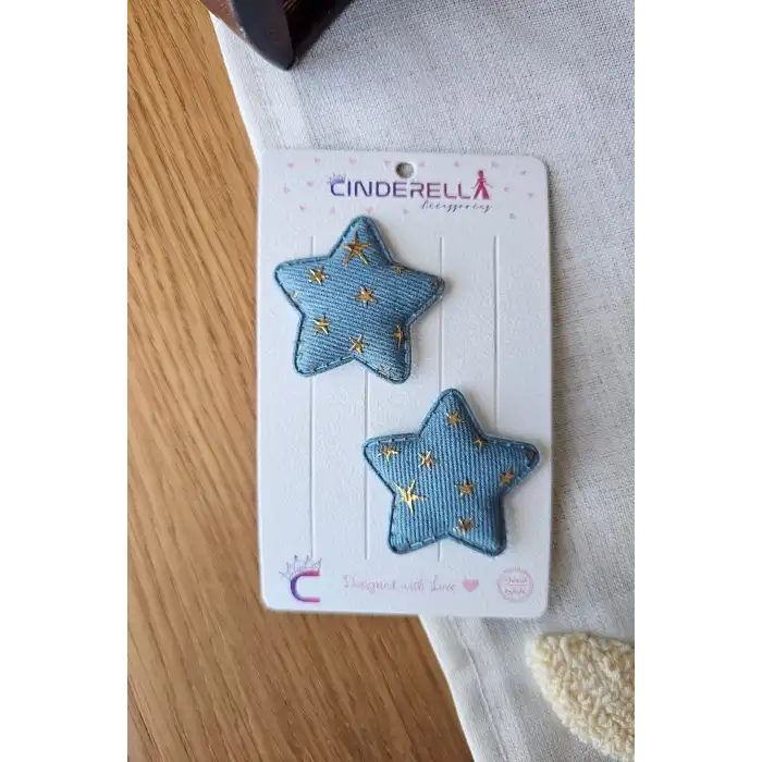 2li Mavi Gold Kumaş Yıldızlı Saçsız Bebek Tokası - Az Saçlı Kız Bebek Çıtçıtlı Yenidoğan Toka Seti