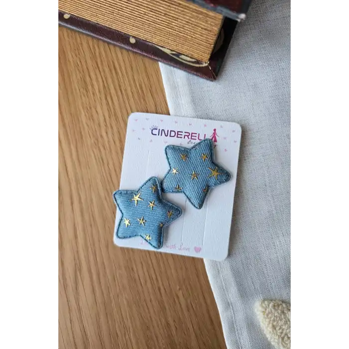 2li Mavi Gold Kumaş Yıldızlı Saçsız Bebek Tokası - Az Saçlı Kız Bebek Çıtçıtlı Yenidoğan Toka Seti