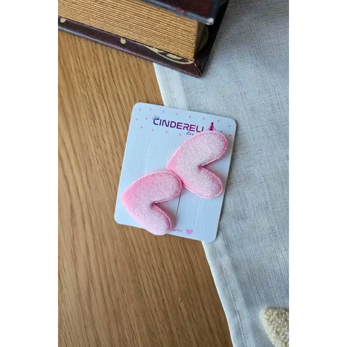 2li Pembe Kalpli Saçsız Bebek Tokası - Az Saçlı Kız Bebek Toka Seti Çıtçıtlı Yenidoğan Tokası