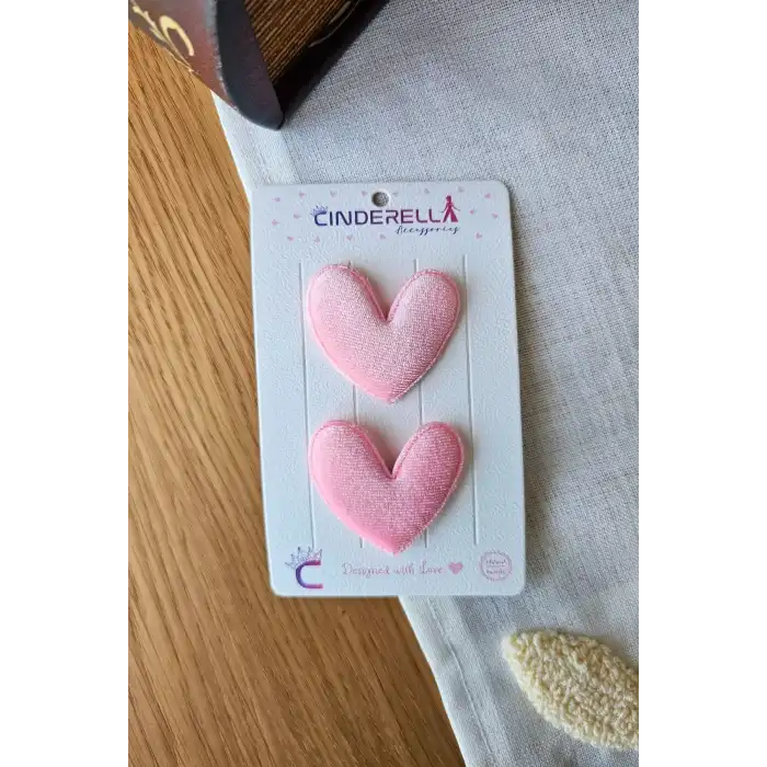 2li Pembe Kalpli Saçsız Bebek Tokası - Az Saçlı Kız Bebek Toka Seti Çıtçıtlı Yenidoğan Tokası