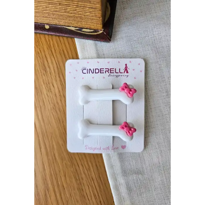 2li Pembe Kurdele Fiyonklu Beyaz Kemik Tasarım Pens Toka - Sevimli Kedi Köpek Tokası Saç Aksesuarı