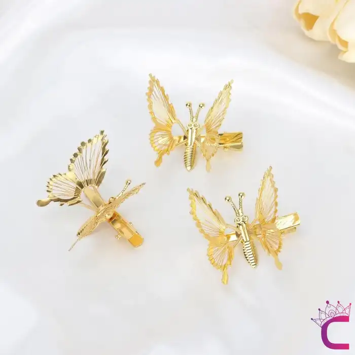 2li Retro Kanatları Sallanan Kelebek Toka Seti Gold Metal - Hareketli Kelebekli Pens Saç Tokası