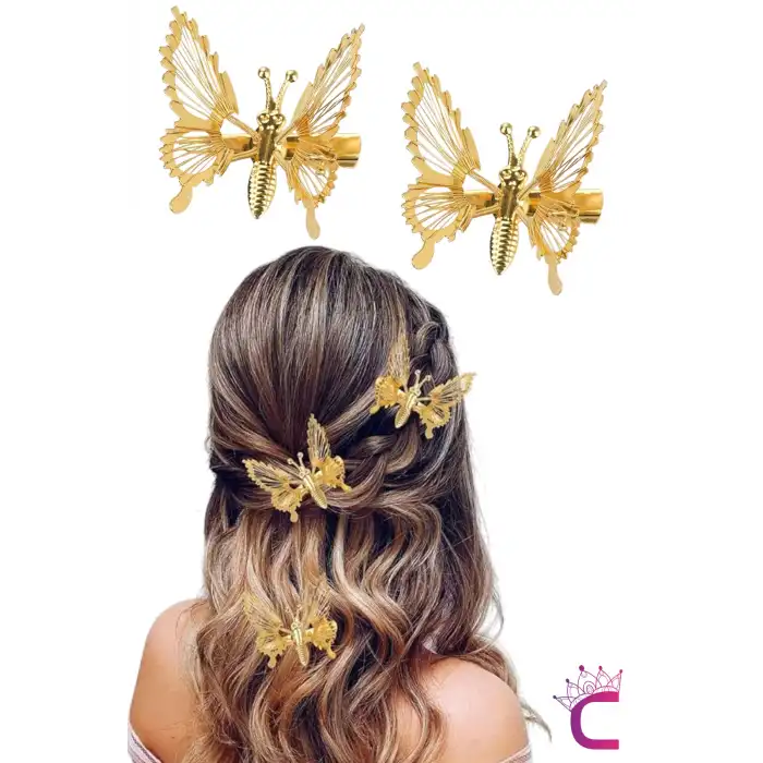 2li Retro Kanatları Sallanan Kelebek Toka Seti Gold Metal - Hareketli Kelebekli Pens Saç Tokası