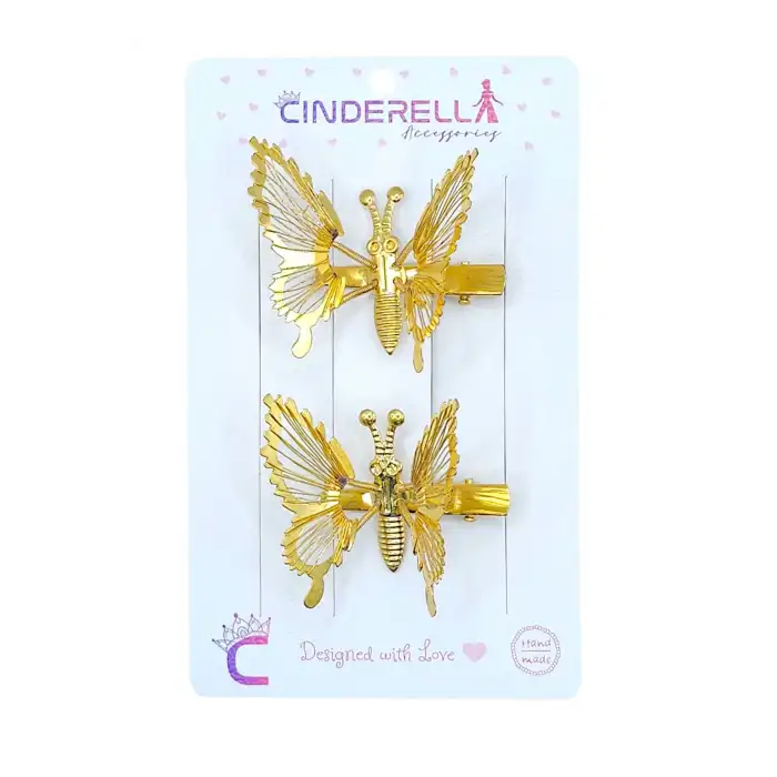 2li Retro Kanatları Sallanan Kelebek Toka Seti Gold Metal - Hareketli Kelebekli Pens Saç Tokası