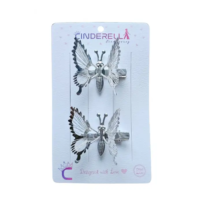 2li Retro Sallanan Hareketli Kelebek Toka Metal Gümüş - Oynar Kanatlı Çocuk Kelebekli Saç Tokası