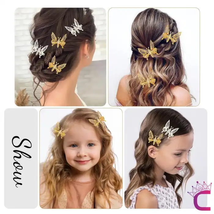 2li Retro Sallanan Kelebek Toka Metal Gold Gümüş - Hareketli Kanatlı Çocuk Kelebekli Saç Tokası