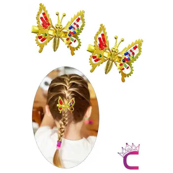 2li Retro Sallanan Kelebek Toka Renkli Boncuklu Gold Metal - Hareketli Kanatlı Kelebekli Saç Tokası