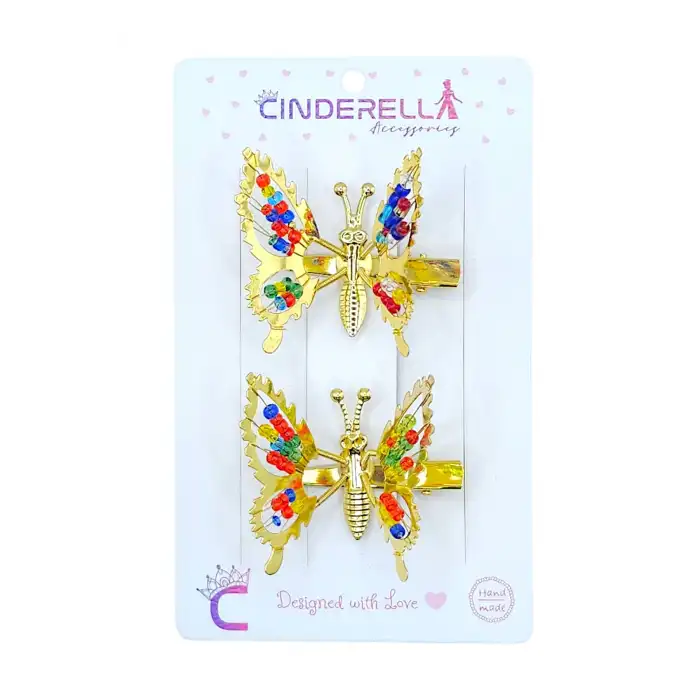 2li Retro Sallanan Kelebek Toka Renkli Boncuklu Gold Metal - Hareketli Kanatlı Kelebekli Saç Tokası