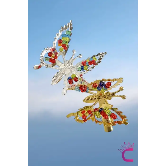 2li Retro Sallanan Metal Kelebek Toka Boncuklu Gold Gümüş - Hareketli Kanatlı Kelebekli Saç Tokası