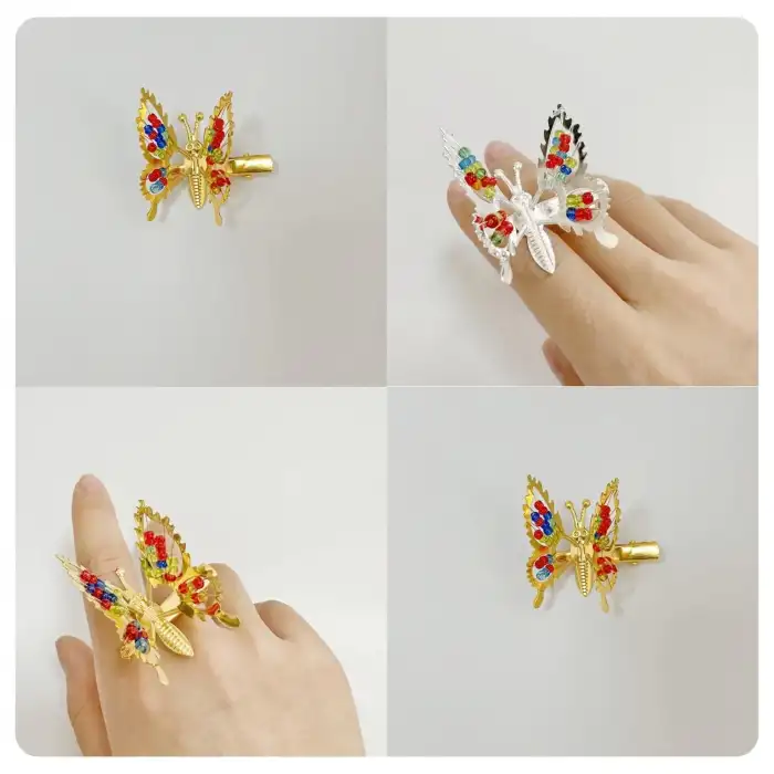 2li Retro Sallanan Metal Kelebek Toka Boncuklu Gümüş - Hareketli Kanatlı Kelebekli Çocuk Saç Tokası