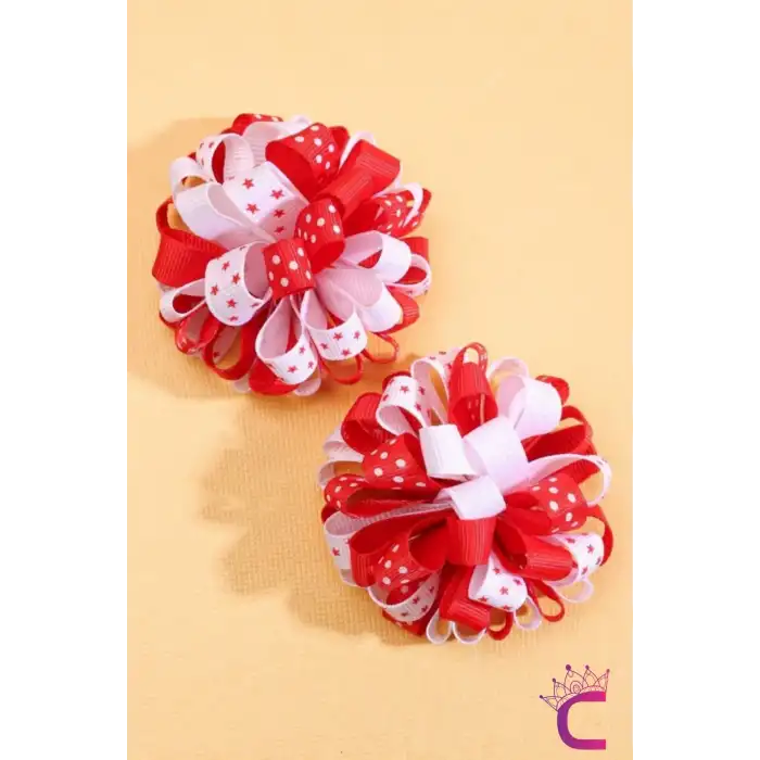 2li Yıldızlı Kırmızı Beyaz Kurdele Çiçekli 23 Nisan Pens Toka Seti - 29 Ekim Bayramı Saç Tokası