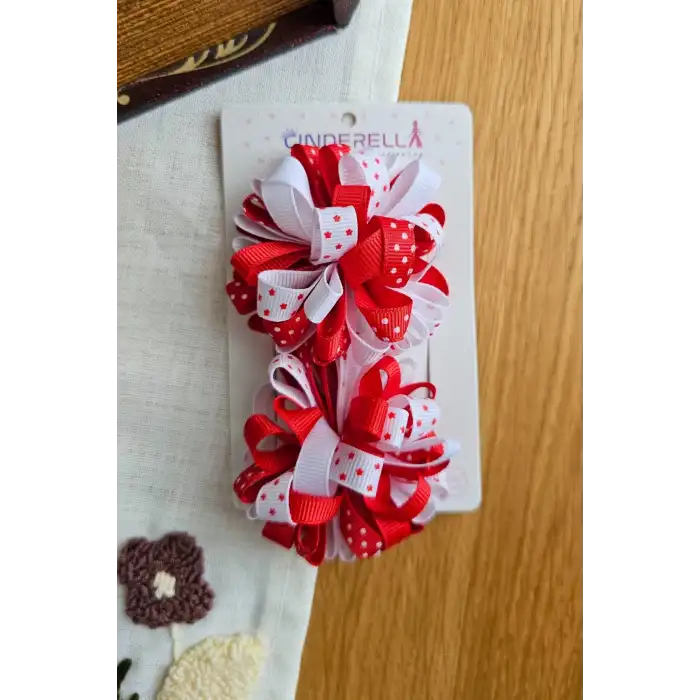 2li Yıldızlı Kırmızı Beyaz Kurdele Çiçekli 23 Nisan Pens Toka Seti - 29 Ekim Bayramı Saç Tokası