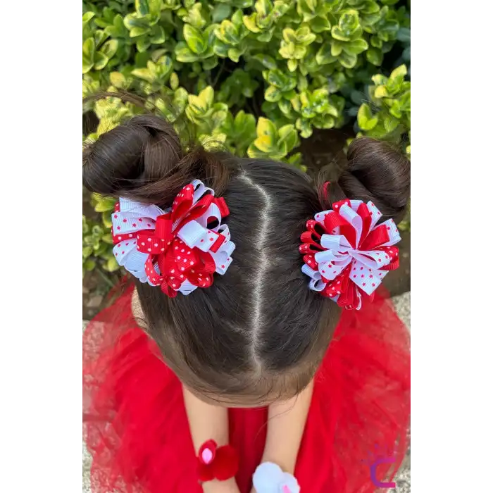 2li Yıldızlı Kırmızı Beyaz Kurdele Çiçekli 23 Nisan Pens Toka Seti - 29 Ekim Bayramı Saç Tokası