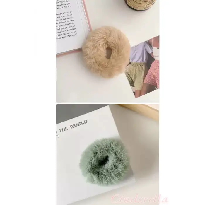 2li Yumuşak Tüylü Renkli Peluş Lastikli Simit Toka - Peluş Scrunchie Lastik Saç Tokası Renk-5