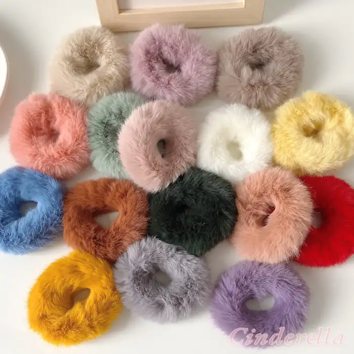 2li Yumuşak Tüylü Renkli Peluş Lastikli Simit Toka - Peluş Scrunchie Lastik Saç Tokası Renk-5