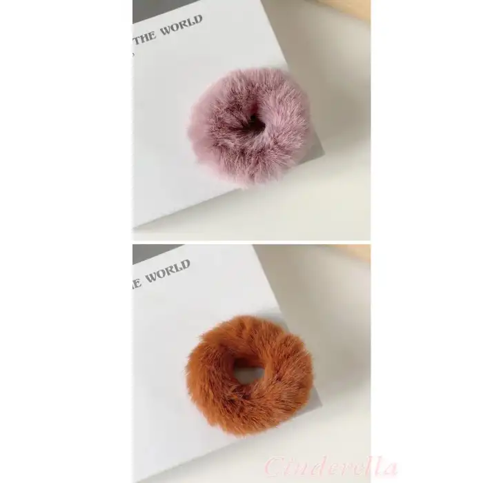 2li Yumuşak Tüylü Renkli Peluş Simit Toka - Peluş Scrunchie Lastikli Saç Tokası Renk-4