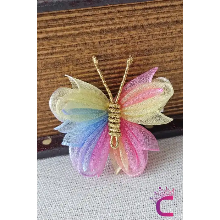 2li Zarif Gökkuşağı Renkli Tül Kelebek Toka Seti 5cm - Kız Çocuk Bebek Kelebekli Pens Saç Tokası