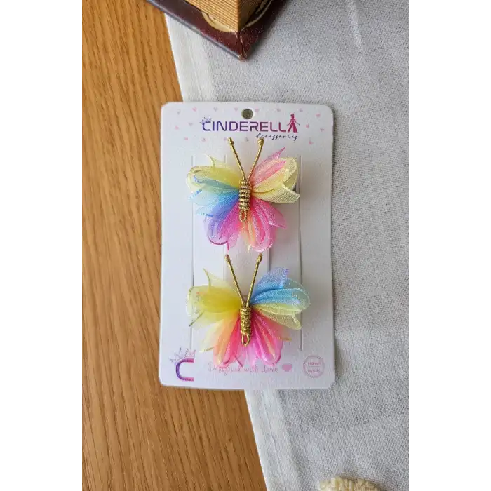 2li Zarif Gökkuşağı Renkli Tül Kelebek Toka Seti 5cm - Kız Çocuk Bebek Kelebekli Pens Saç Tokası