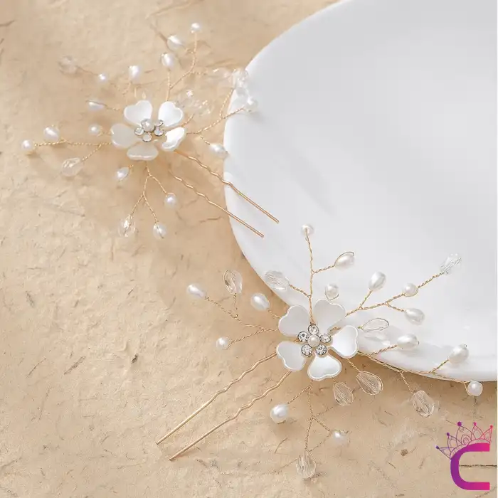 2li Zarif İncili Sedef Çiçekli Gelin Tacı Firkete Toka Gold - Düğün Nişan Nikah Söz Saç Aksesuarı