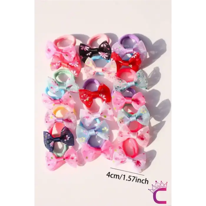 20li Çantalı Çiçekli Fiyonk Kız Bebek Yumuşak Havlu Lastik Toka Seti - Kurdeleli Çocuk Saç Tokası