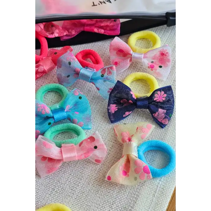 20li Çantalı Çiçekli Fiyonk Kız Bebek Yumuşak Havlu Lastik Toka Seti - Kurdeleli Çocuk Saç Tokası