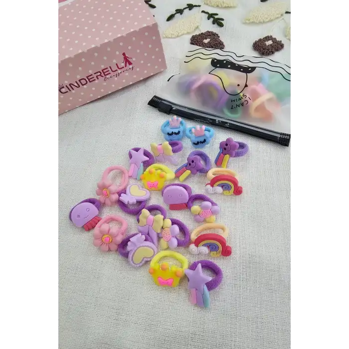 20li Çantalı Yumuşak Acıtmaz Kız Bebek Havlu Lastik Toka Seti - Renkli Çocuk Lastikli Saç Tokası