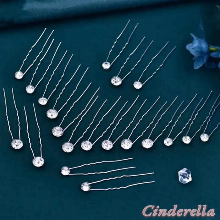 20li Rhine-Stone Taşlı Gelin Tacı Firkete Seti Gümüş - Düğün Nişan Nikah Topuz Tokası Saç Aksesuarı