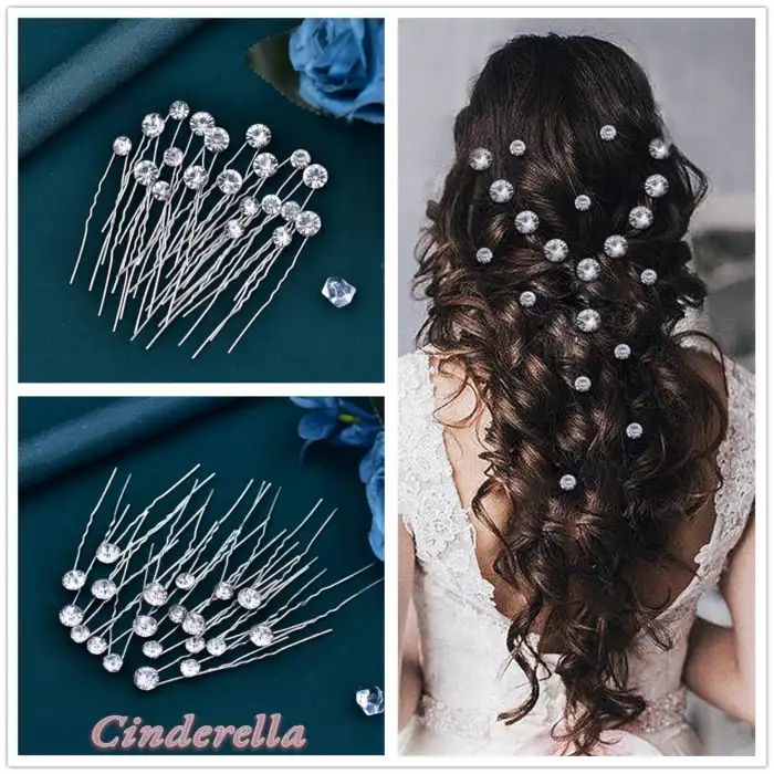 20li Rhine-Stone Taşlı Gelin Tacı Firkete Seti Gümüş - Düğün Nişan Nikah Topuz Tokası Saç Aksesuarı