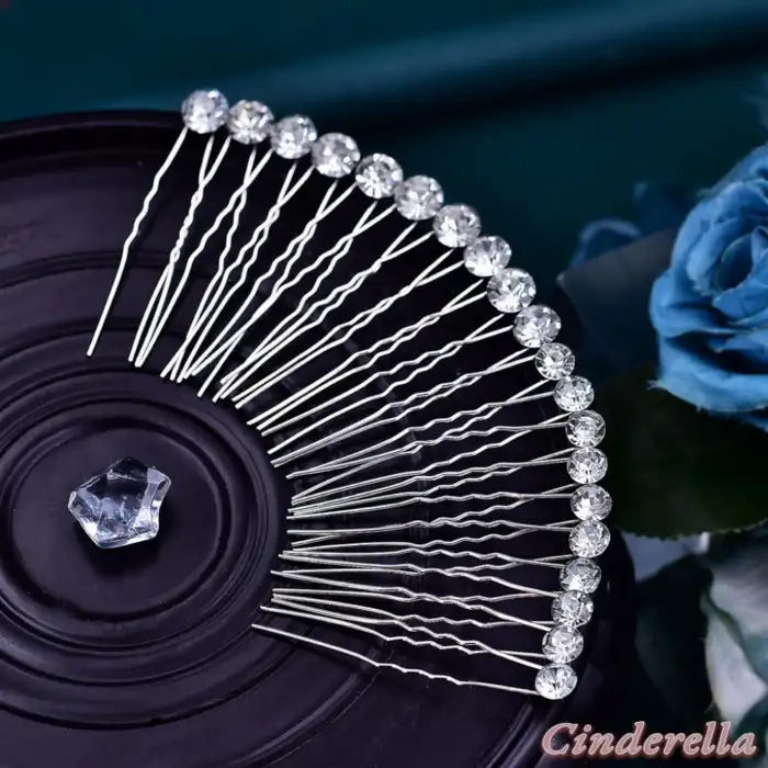 20li Rhine-Stone Taşlı Gelin Tacı Firkete Seti Gümüş - Düğün Nişan Nikah Topuz Tokası Saç Aksesuarı