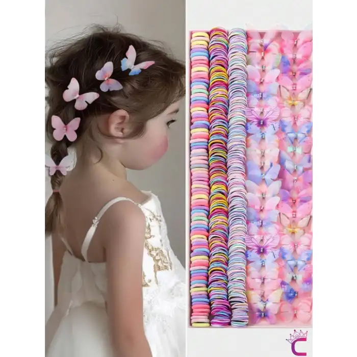 260 Parça Hediyelik Kutulu Kız Çocuk Toka Seti Doğum Günü Hediyesi Kelebekli Lastik Bebek Saç Tokası