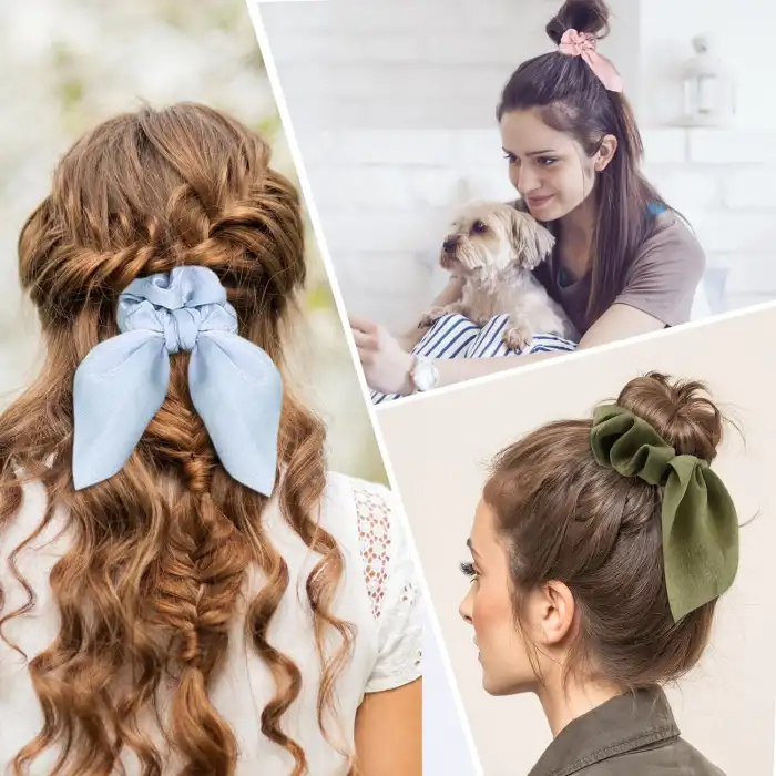 3lü Fular Scrunchie Fularlı Saç Lastiği - Kadın Fularlı Simit Toka Lastikli Saç Tokası Renk-2