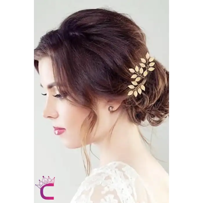 3lü Gold Yaprak Gelin Tacı Firkete Seti - Düğün Nişan Nedime Nikah Söz Aksesuar Topuz Saç Tokası