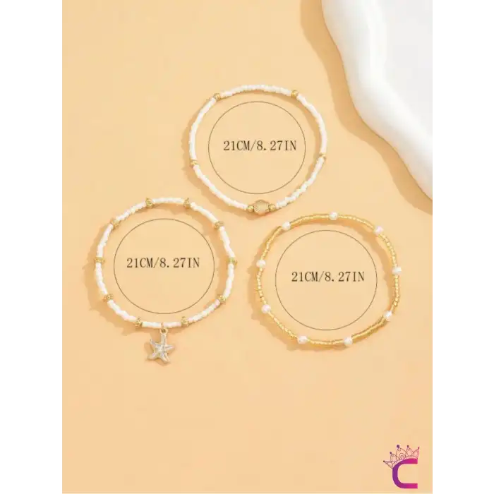 3lü Kombin Deniz Kabuğu İncili Yıldızlı Miyuki Boncuk Halhal - Plaj Takıları Ayak Bilekliği Takısı