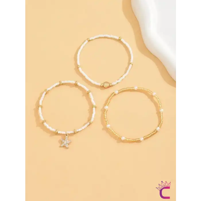 3lü Kombin Deniz Kabuğu İncili Yıldızlı Miyuki Boncuk Halhal - Plaj Takıları Ayak Bilekliği Takısı