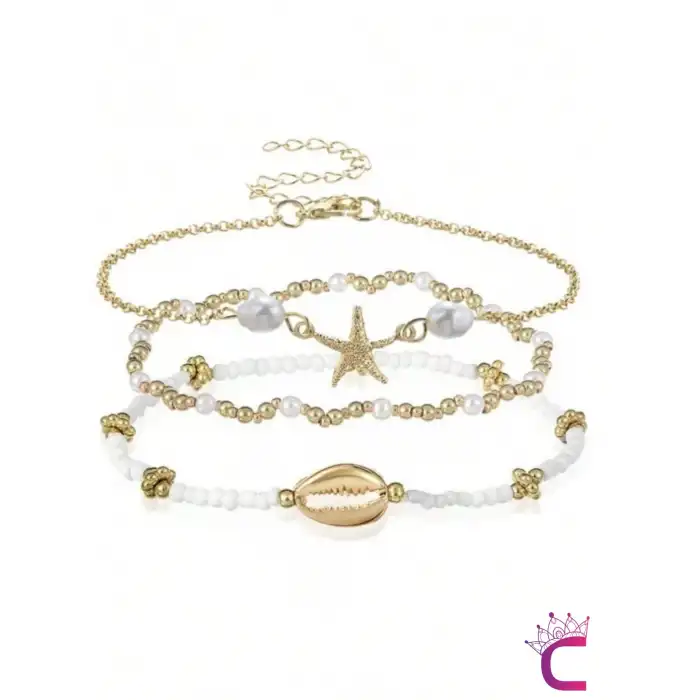 3lü Kombin Gold Deniz Yıldızlı Miyuki Boncuk Halhal - Deniz Kabuklu Plaj Takıları Ayak Bileklik