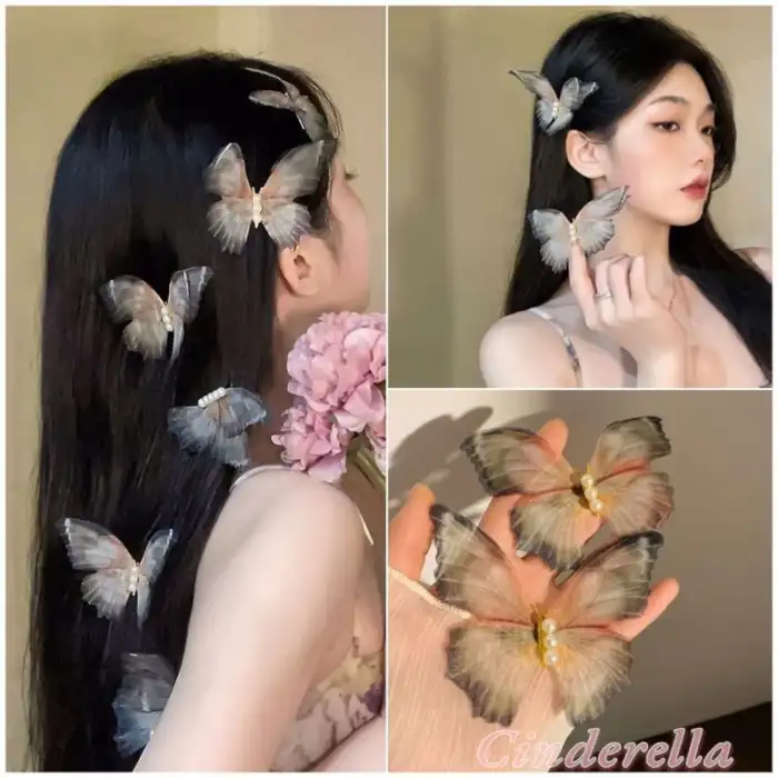 3lü Kuru Yaprak Renkli İnci Taşlı Hareketli Tül Kelebek Toka Seti 10 cm - Büyük Boy Kelebekli Toka