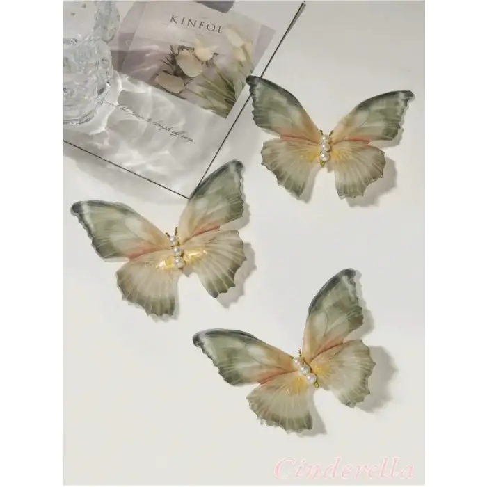 3lü Kuru Yaprak Renkli İnci Taşlı Hareketli Tül Kelebek Toka Seti 10 cm - Büyük Boy Kelebekli Toka