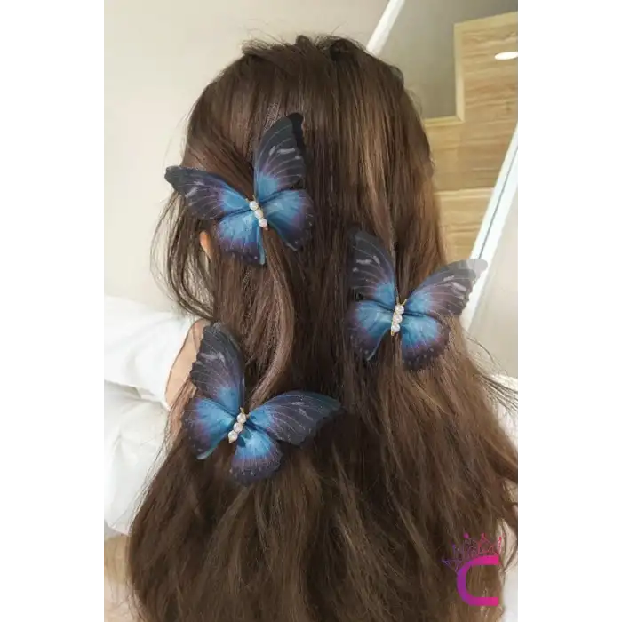 3lü Pembe Degrade İnci Taşlı Tül Hareketli Kelebek Toka Seti 10cm - Büyük Boy Kelebekli Saç Tokası