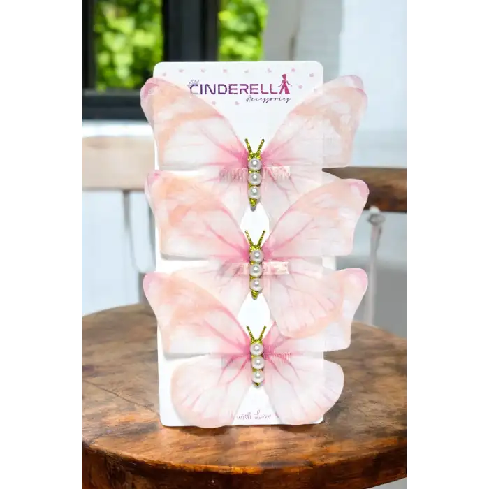 3lü Pembe Degrade İnci Taşlı Tül Hareketli Kelebek Toka Seti 10cm - Büyük Boy Kelebekli Saç Tokası