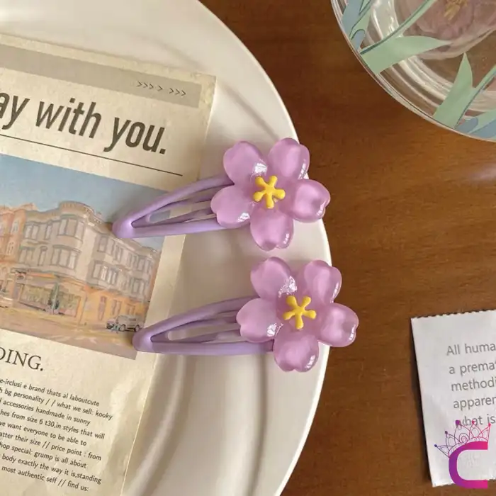 3lü Tatlı Lila Kiraz Çiçeği Çıtçıt Kız Çocuk Toka Seti 5cm - Yumuşak Çıt Çıt Yan Saç Tokası