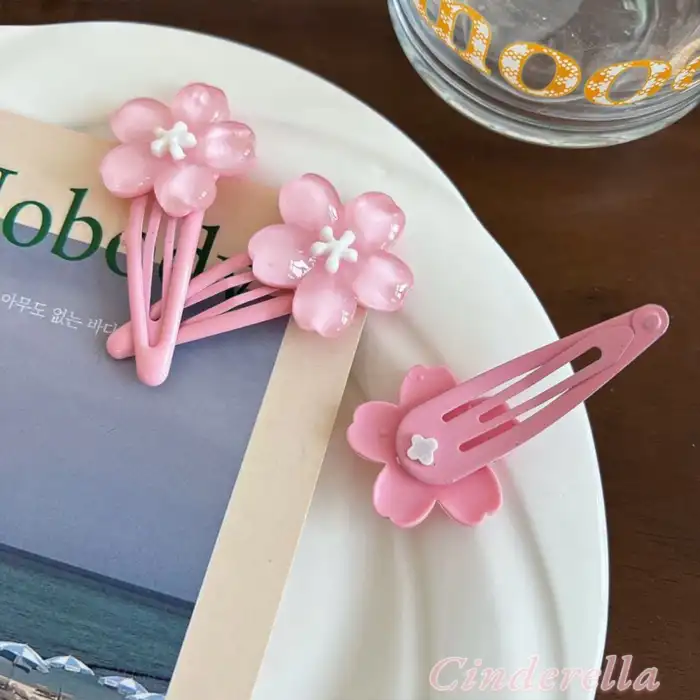 3lü Tatlı Pembe Kiraz Çiçeği Çıtçıt Toka Seti 5cm - Kız Çocuk Yumuşak Çıt Çıt Yan Saç Tokası