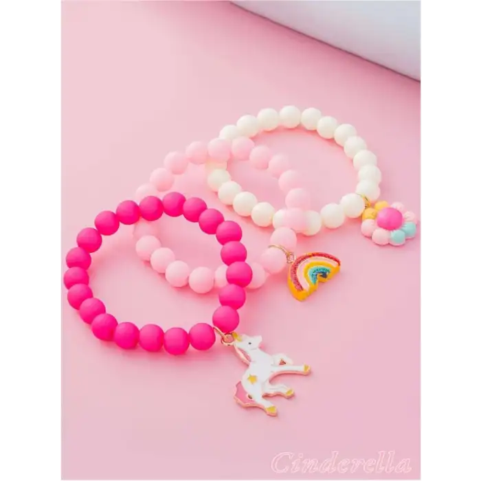 3lü Unicorn Boncuklu Charm Kız Çocuk Bileklik Seti
