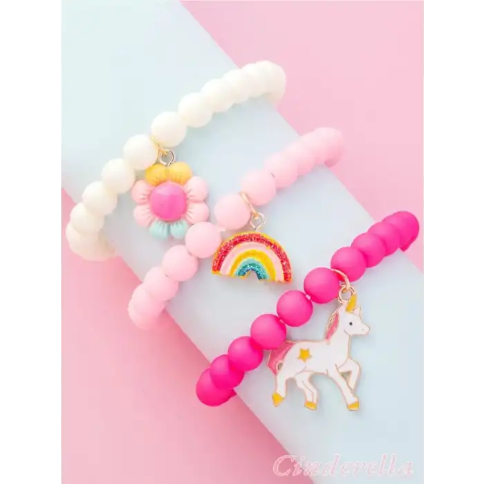 3lü Unicorn Boncuklu Charm Kız Çocuk Bileklik Seti