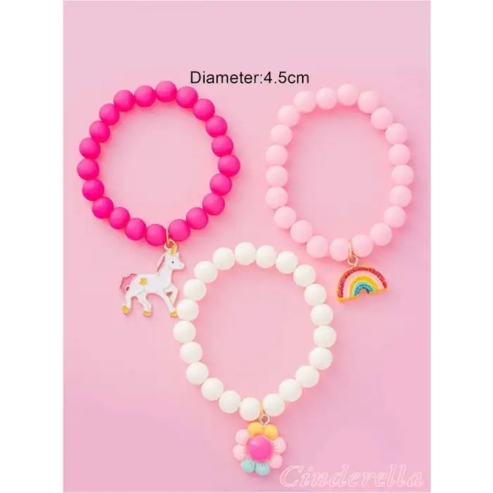 3lü Unicorn Boncuklu Charm Kız Çocuk Bileklik Seti