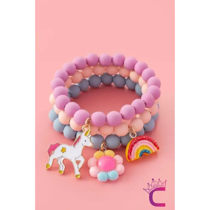 3lü Unicorn Çiçekli Boncuklu Charm Hediyelik Kız Çocuk Bileklik Seti Arkadaşa Doğum Günü Hediyesi