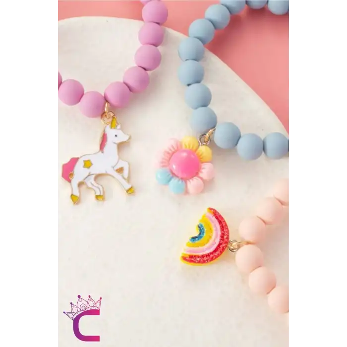 3lü Unicorn Çiçekli Boncuklu Charm Hediyelik Kız Çocuk Bileklik Seti Arkadaşa Doğum Günü Hediyesi