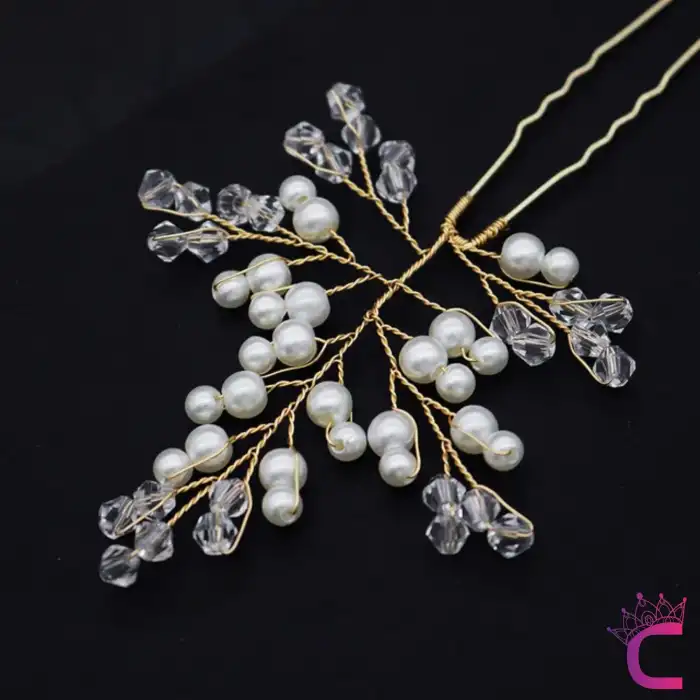 3lü Zarif İncili Kristal Taşlı Gelin Tacı Firkete Toka Gold - Düğün Nişan Nikah Söz Saç Aksesuarı