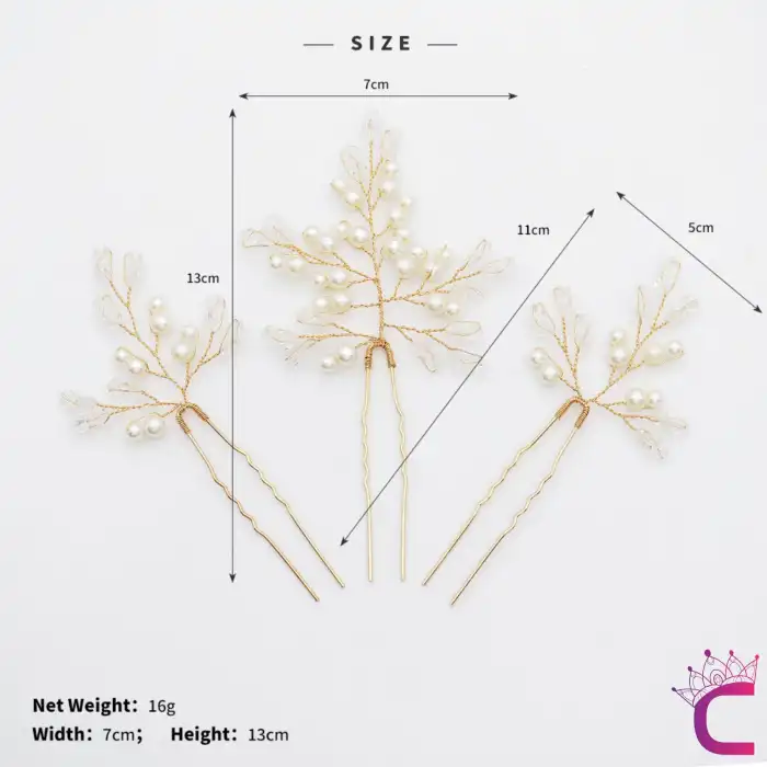 3lü Zarif İncili Kristal Taşlı Gelin Tacı Firkete Toka Gold - Düğün Nişan Nikah Söz Saç Aksesuarı