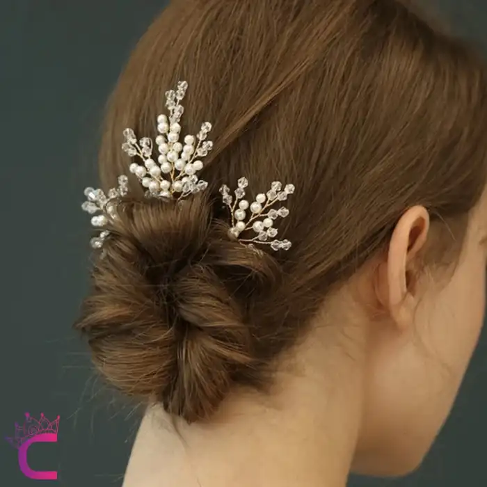 3lü Zarif İncili Kristal Taşlı Gelin Tacı Firkete Toka Gold - Düğün Nişan Nikah Söz Saç Aksesuarı