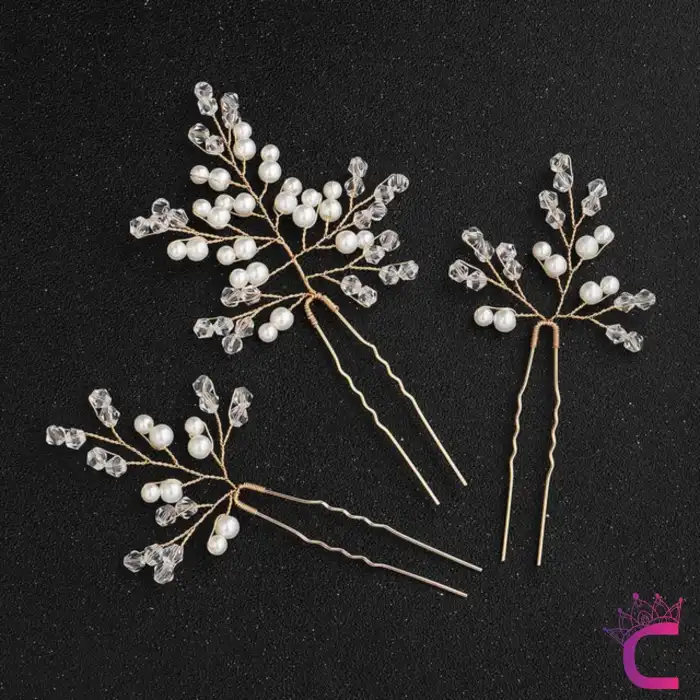 3lü Zarif İncili Kristal Taşlı Gelin Tacı Firkete Toka Gold - Düğün Nişan Nikah Söz Saç Aksesuarı